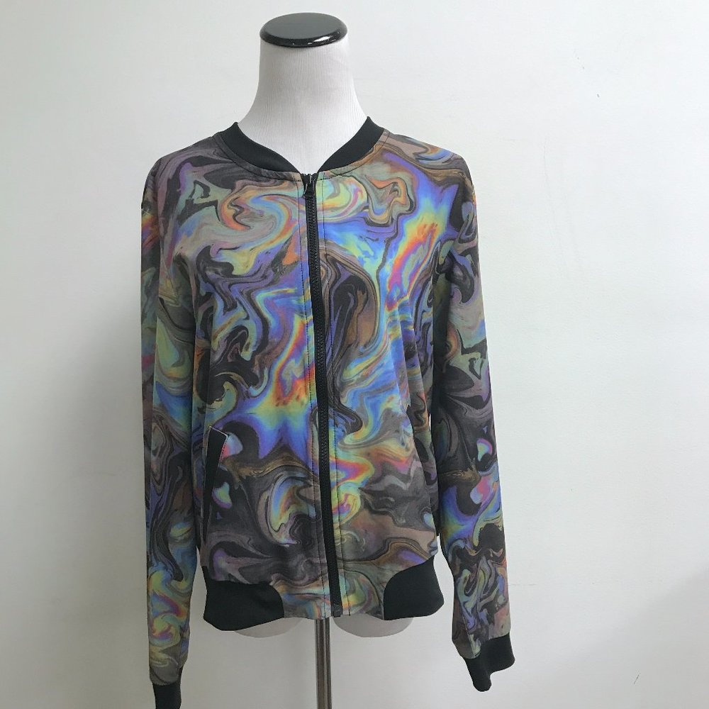 Reflex bomber Jacket zip oil spill marbled black blue purple art to wear NEW XL